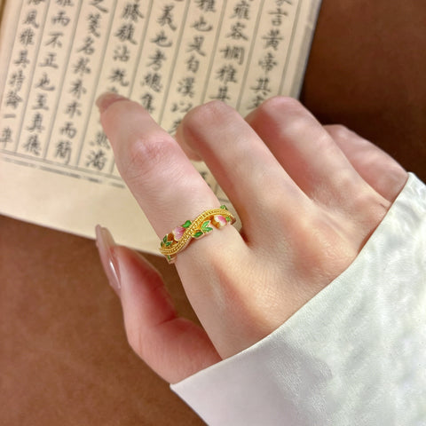 Buy 1Pcs 999.9 Sterling Silver Gold-Plated Floral Enamel Ring, Luxury Retro Style, Ideal For Birthdays & Holiday Gifts online at Fashionner.
