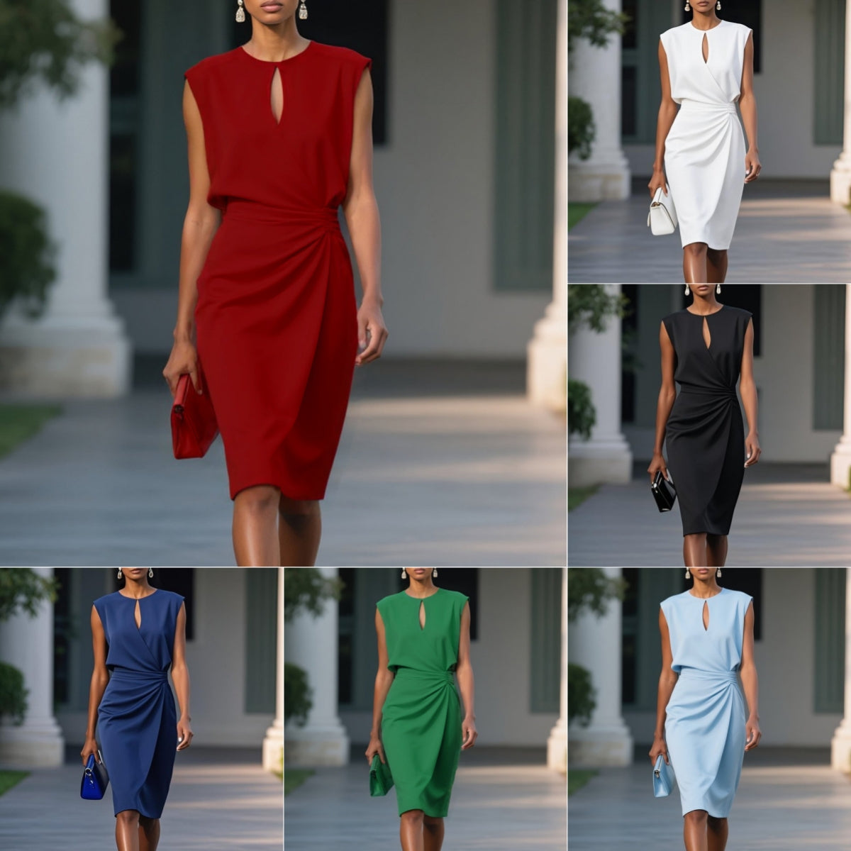 Buy Women'S Retro Elegant Solid Color Cross Front Knotted Round Neck Hollow Out Dress - Lightweight Summer Casual A-Line Midi Dress Party Dresses online at Fashionner