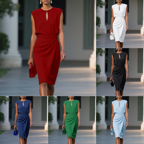 Buy Women'S Retro Elegant Solid Color Cross Front Knotted Round Neck Hollow Out Dress - Lightweight Summer Casual A-Line Midi Dress Party Dresses online at Fashionner