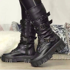 Buckle Lace-up Side Zip Punk Women's Mid Boots - Fashionner