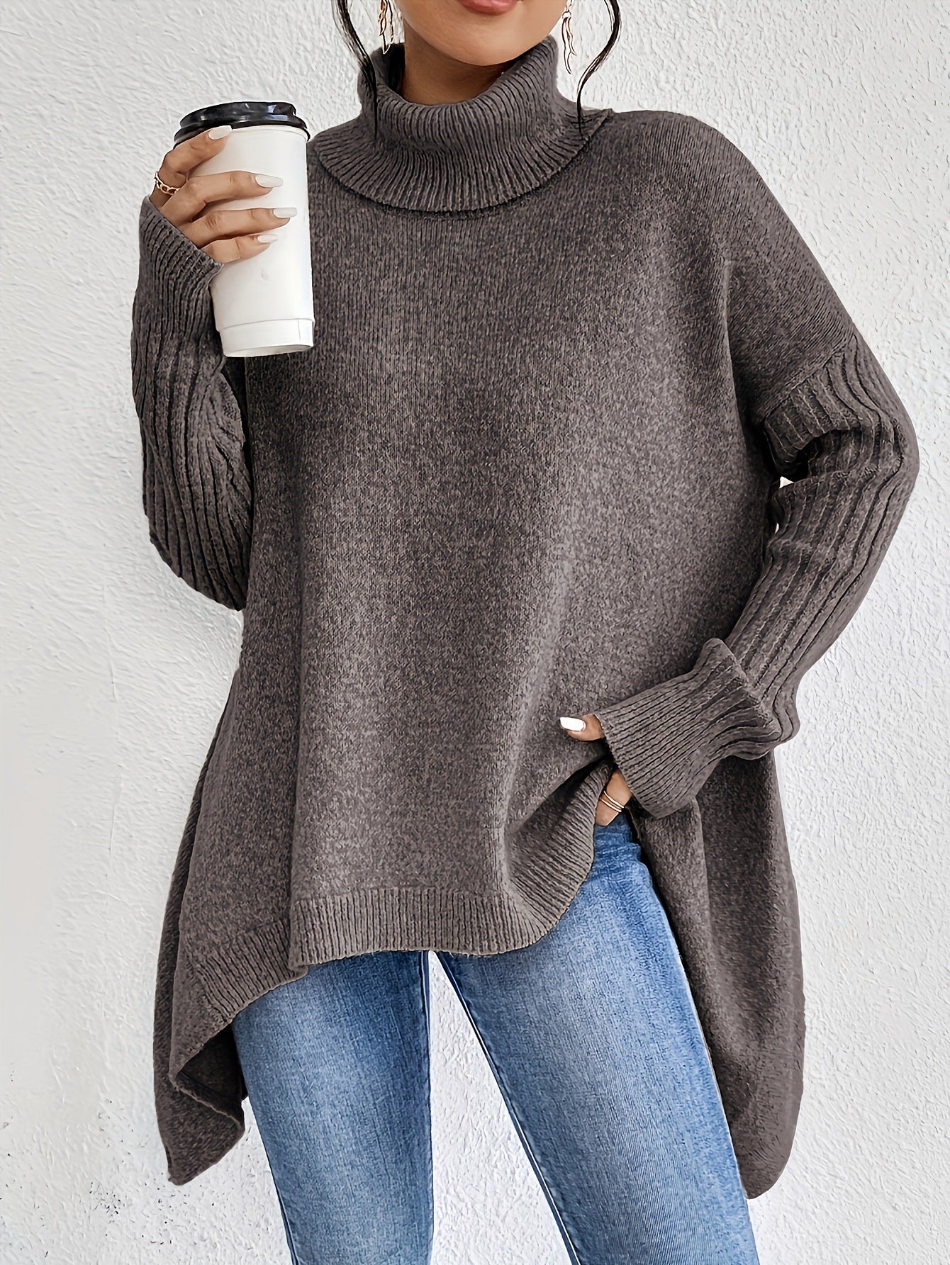 Buy Irregular Turtleneck Sweater Winter Loose Long Sleeve Knitted Tops Leisure Warm Pullover Sweater Women'S Clothing online at Fashionner.