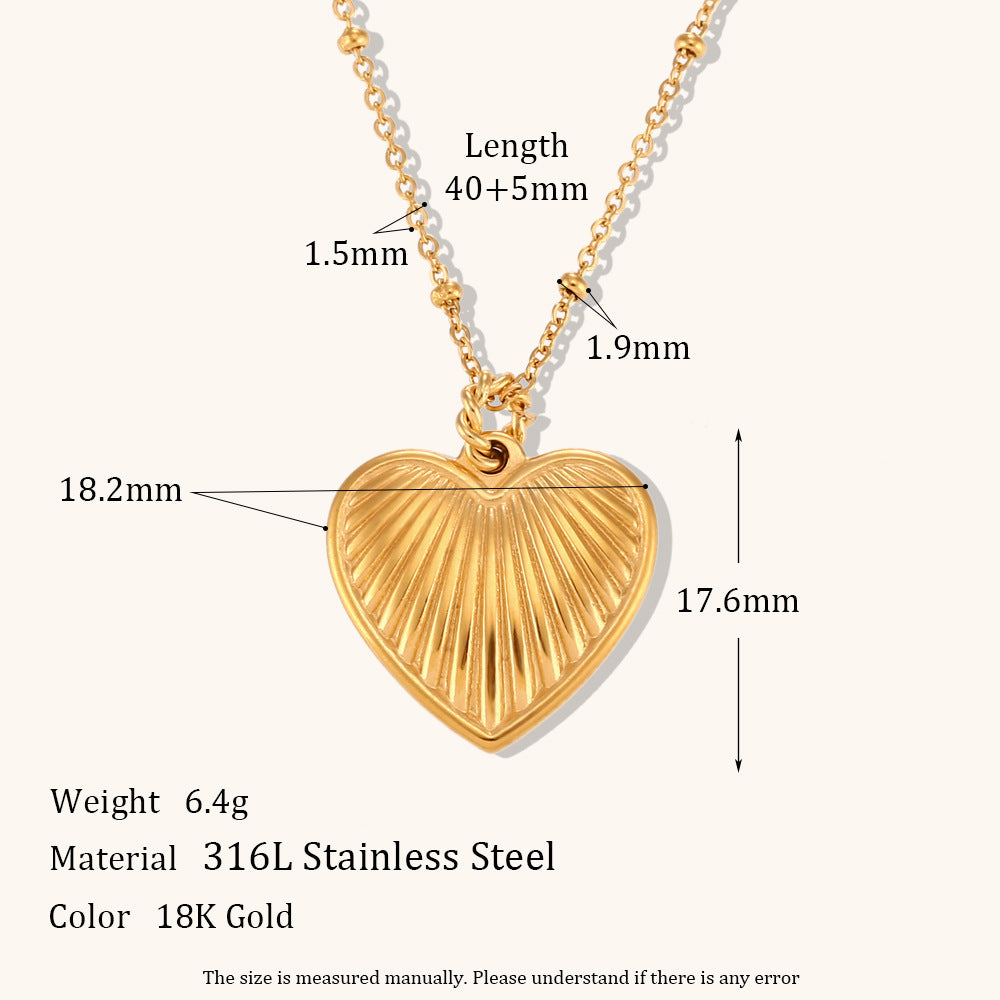Beads Chain Striped Peach Heart Pendant Simple 18K Gold Necklace