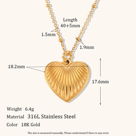 Collier simple en or 18 carats avec pendentif cœur pêche rayé et chaîne de perles
