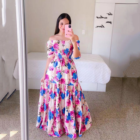 Robe longue florale élégante sans épaules pour femme