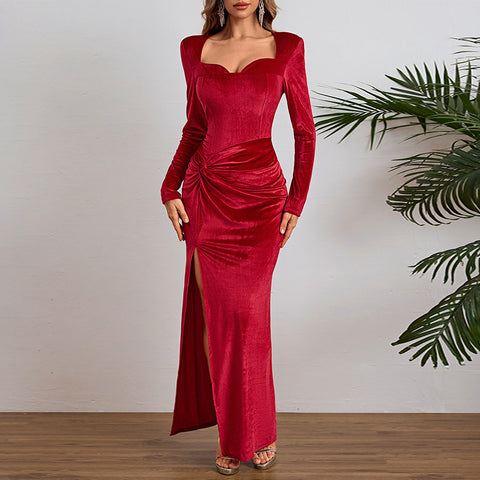 Elegant long sleeved velvet slit dress for women