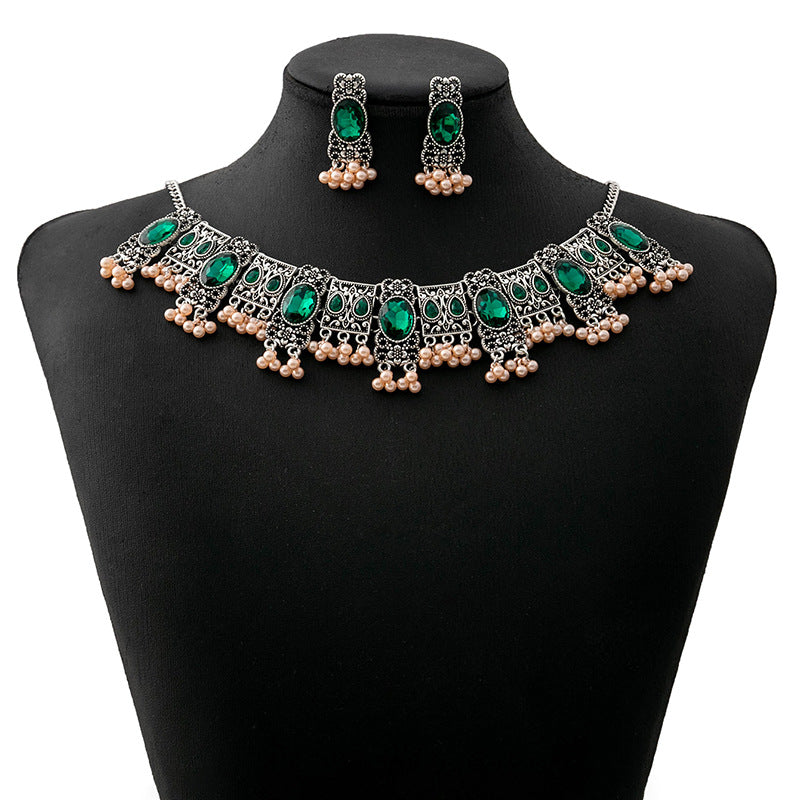 Buy Vintage Emerald Earrings Ethnic Style Square Tassel Bead Pendant Jewelry Suit online at Fashionner.