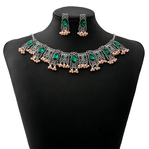 Buy Vintage Emerald Earrings Ethnic Style Square Tassel Bead Pendant Jewelry Suit online at Fashionner.