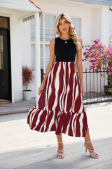 Round Neck Sleeveless Long Dress Summer Fashion Striped Print Dresses Womens Clothing - Fashionner