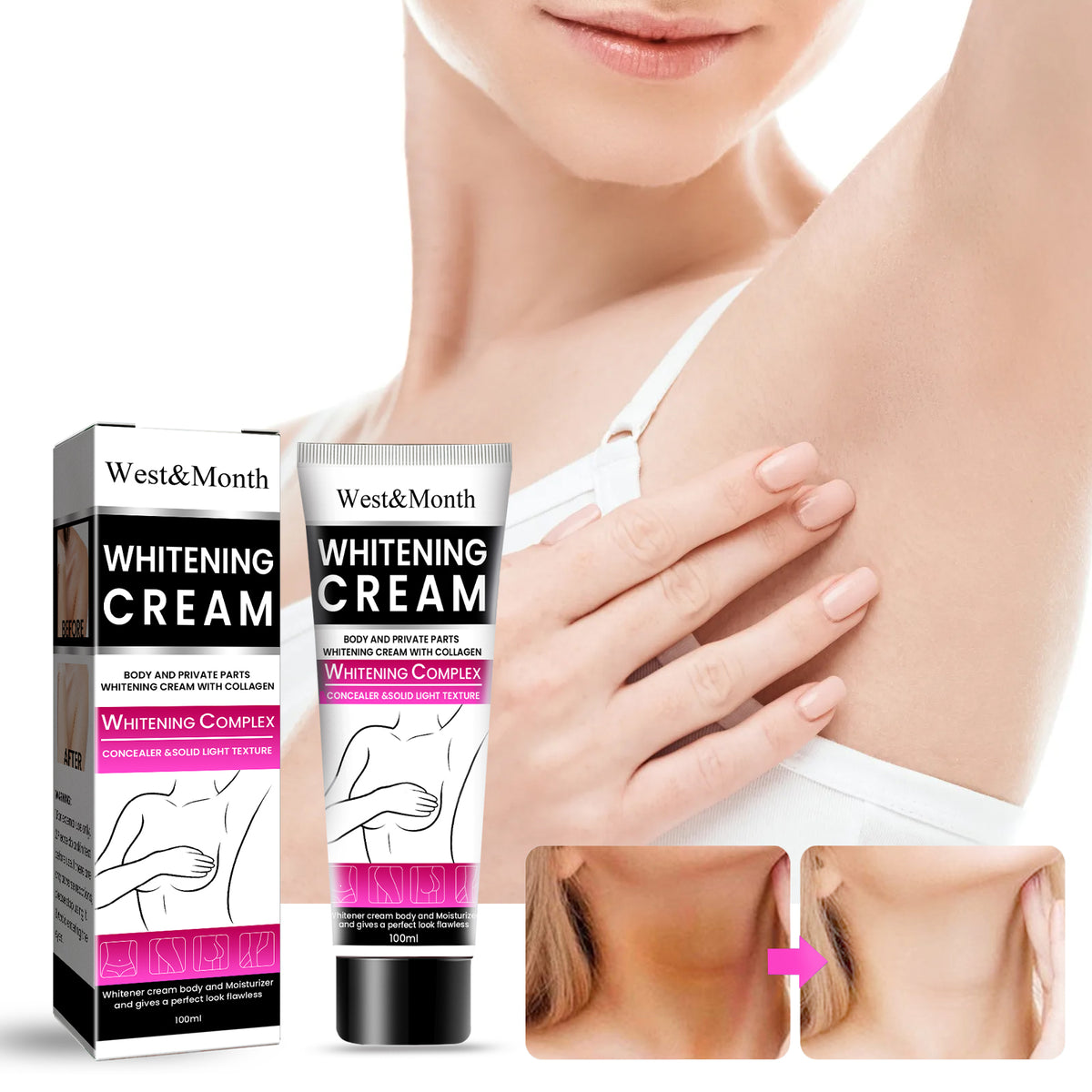 Crème blanchissante, éclaircit et illumine la peau, hydrate et élimine les taches noires.