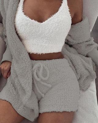 Buy 3Pcs Womens Clothing Long Sleeve Crop Tank Top And Drawstring Shorts Pajama Set online at Fashionner.