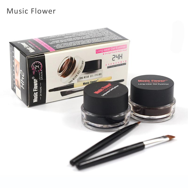 Music Flower 2 in 1 Coffee + Black Gel Eyeliner Make Up Waterproof Eye Liner Cosmetics Set Eyeliner Pens Makeup Brushes Set - Fashionner