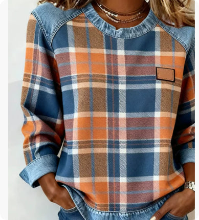 Sweat-shirt en jean patchwork, mode, col rond, pull unique, haut de chemise à manches longues, vêtements pour femmes