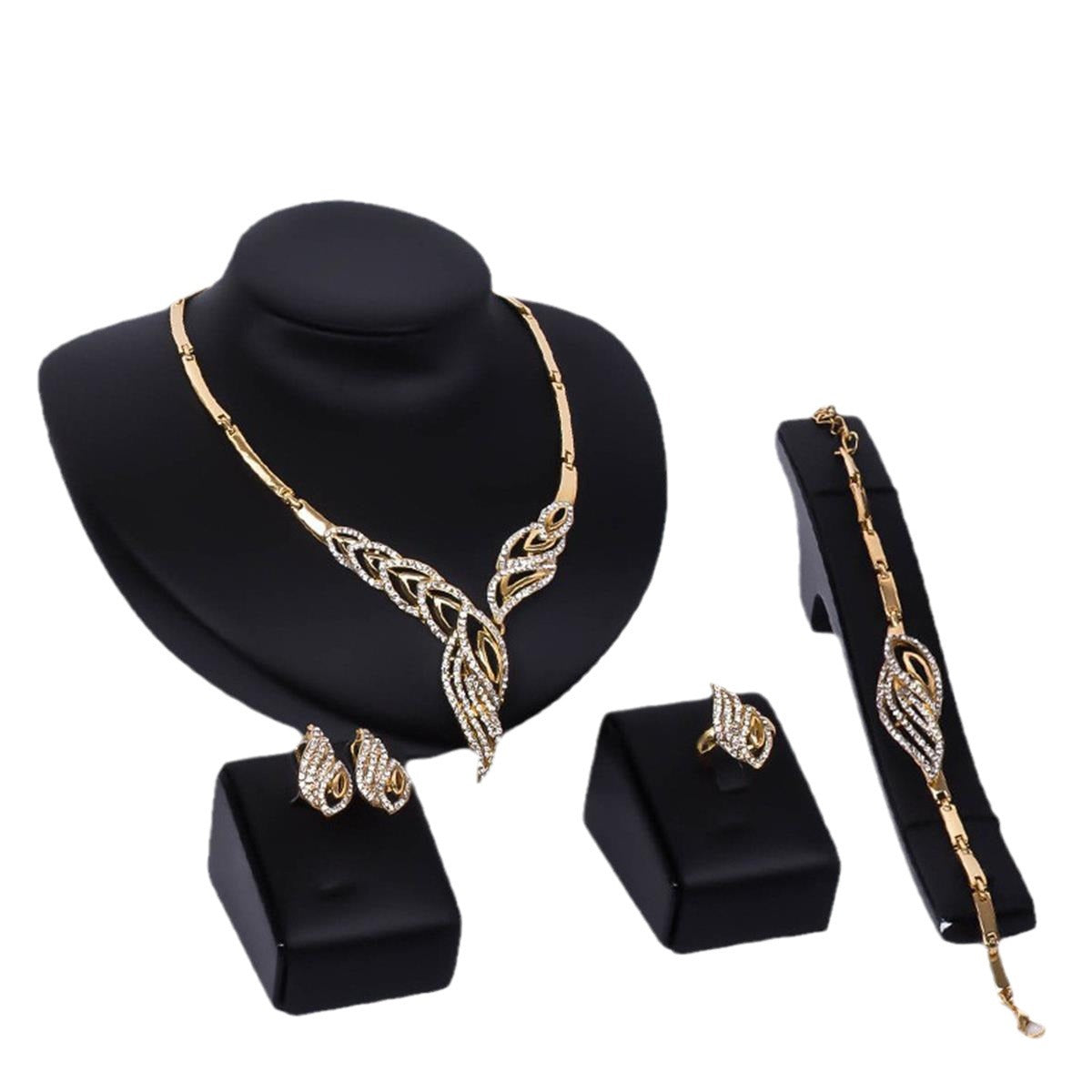 Buy Gold Leaf Diamond-Encrusted Necklace Earrings Ring Bracelet Set online at Fashionner.
