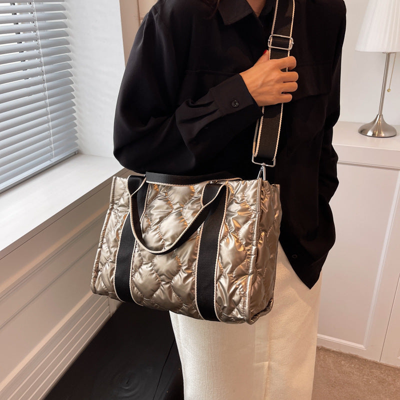 Rhombus Sewing Tote Bag Winter Designer Luxury Down Shoulder Bag High Capacity Commuting Personalized Handbags For Women - Fashionner