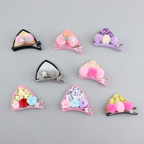 Lot de 2 jolies pinces pour filles, fleurs en tissu feutre pailleté arc-en-ciel, épingles à cheveux oreilles de chat lapin, accessoires pour cheveux pour enfants