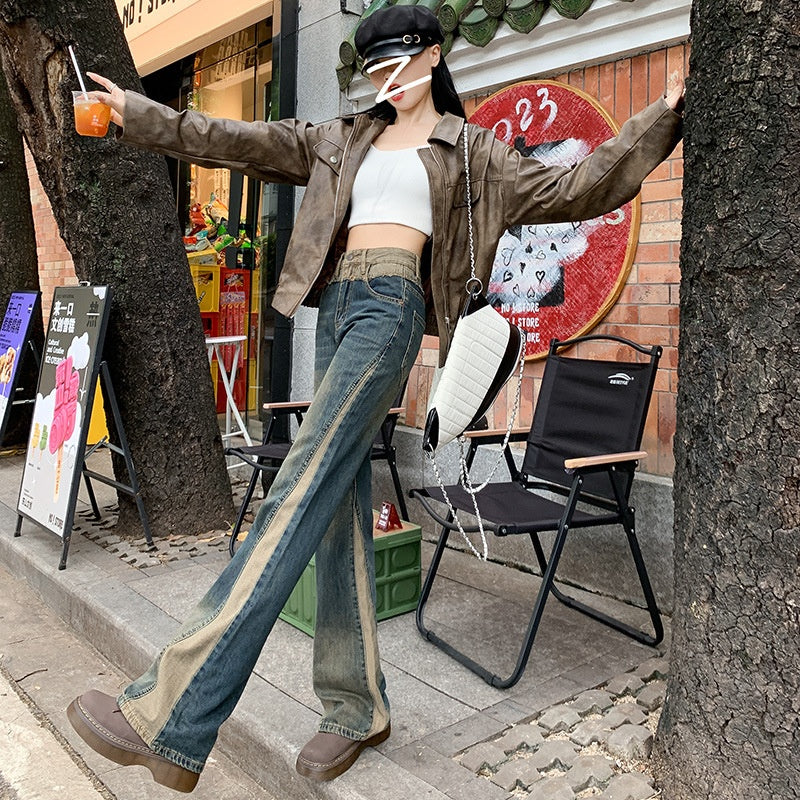 Patchwork Retro Contrast Color Flared Jeans - Fashionner