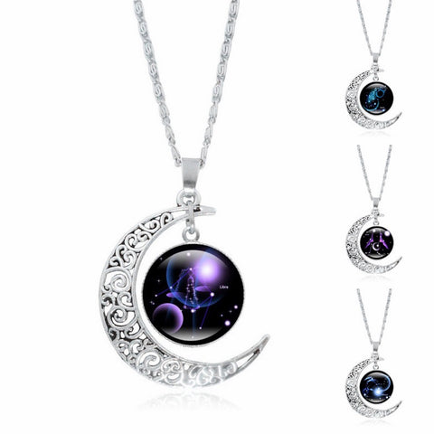 Buy Zodiac Time Gem Luminous Necklace For Women, Simple Silver Moon Pendant Choker online at Fashionner