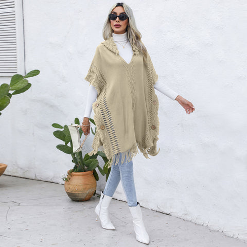 Women's casual loose V-necktie hat pullover medium length sweater vest cape top jacket - Fashionner