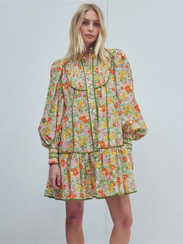 Robe chemise florale rétro pour femmes, col montant, manches bouffantes, jupe courte, style vacances