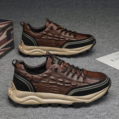 Men's shoes, autumn anti slip black labor protection shoes, work leather shoes, crocodile pattern thick soles, sports and leisure running shoes - Fashionner