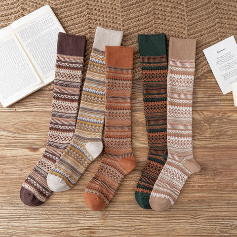 Socks Women's Middle and High Tube Calf and Knee Socks Ins Ethnic Style Net Red Style Harajuku Mori Striped Cotton Socks - Fashionner