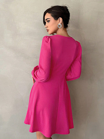 Waist cinched V-neck bubble sleeve A-line skirt mini dress - Fashionner
