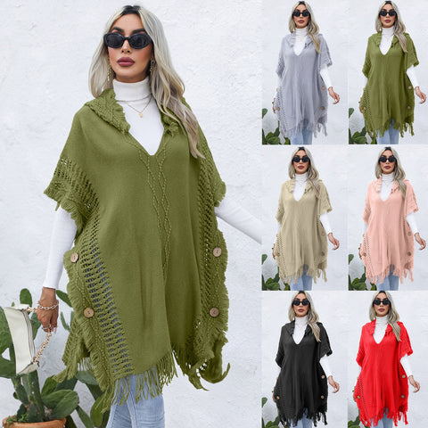 Women's casual loose V-necktie hat pullover medium length sweater vest cape top jacket - Fashionner