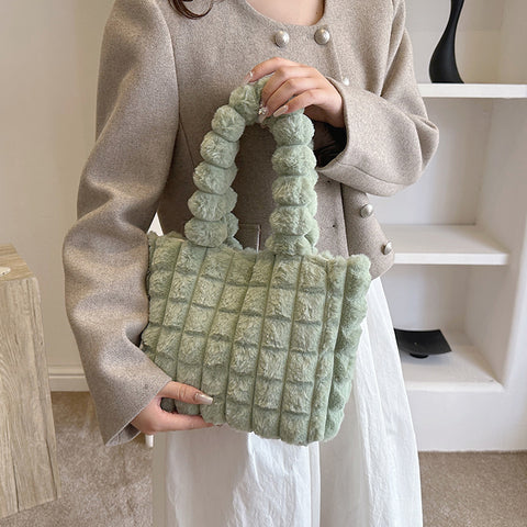 Plaid Handbags Winter Fashion High Capacity Shopping Plush Bag Korean Style Personalized Designer Luxury Tote Bags For Women - Fashionner