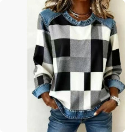 Sweat-shirt en jean patchwork, mode, col rond, pull unique, haut de chemise à manches longues, vêtements pour femmes
