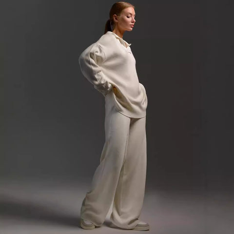 Ensemble deux pièces automne hiver pour femme, simple, ample, de couleur unie, ensemble pull col montant, mode décontractée, ensemble de sport.