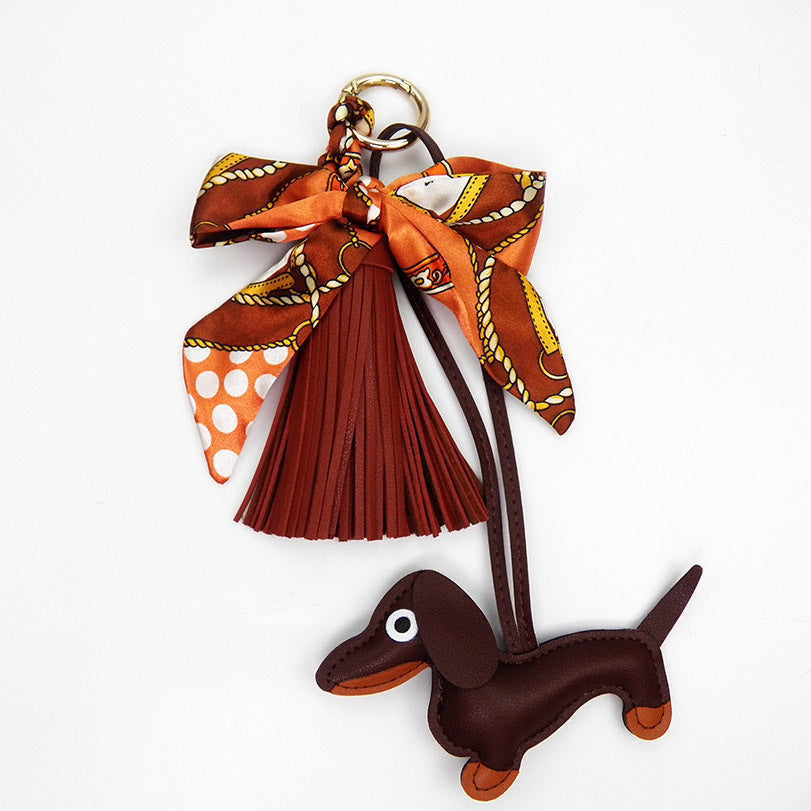 Tassel Leather Sausage Dog Pendant Bag Ornament Silk Scarf Keychain Schoolbag Pendant