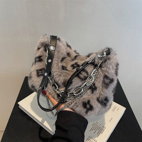Winter Plush Bags Chain Shoulder Bag Women Flowers Print Handbags - Fashionner
