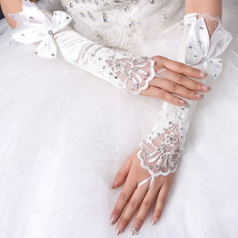 Gants de mariée de mariage Crochet Doigt Fleur Nœud Dentelle Manches Creuses