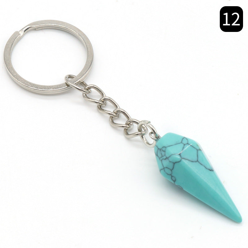 Natural Crystal Agate Stone Hexagonal Cone Keychain Bag Decorative Pendant