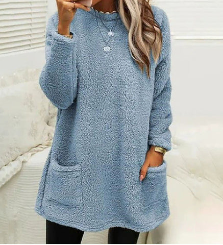 Sweat-shirt pull polaire long pour femmes avec poches Hiver chaud Épaissir Sweatershirt Décontracté Manches longues Peluche Hauts Manteau à capuche Streetwear Tenues amples d'automne Hauts à capuche