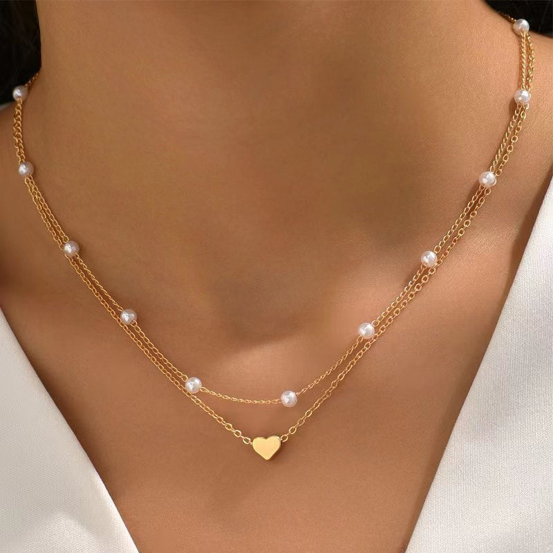 Special-interest Design Double Layer Twin Pearl Heart Necklace - Fashionner