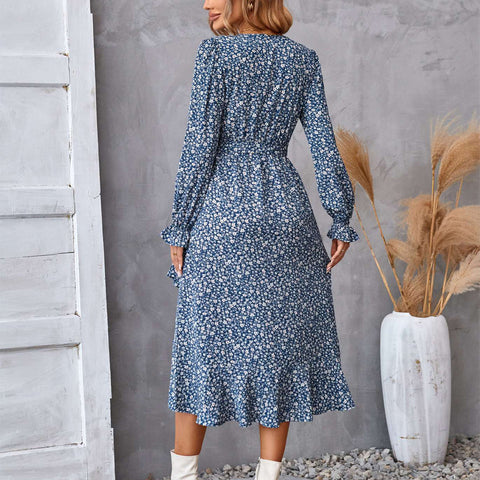 Robe à manches longues à imprimé floral, style pendulaire à volants, tempérament élégant, vêtements pour femmes