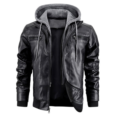 Veste à Capuche avec Poches Zippées Manteau en Cuir PU Tendance et Chaud pour Hommes