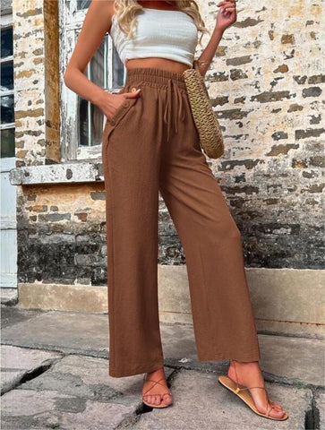 New Casual Pants With Pockets Elastic Drawstring High Waist Loose Trousers For Women - Fashionner