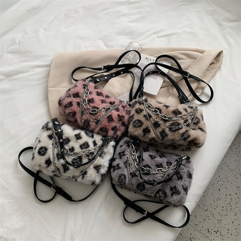 Winter Plush Bags Chain Shoulder Bag Women Flowers Print Handbags - Fashionner