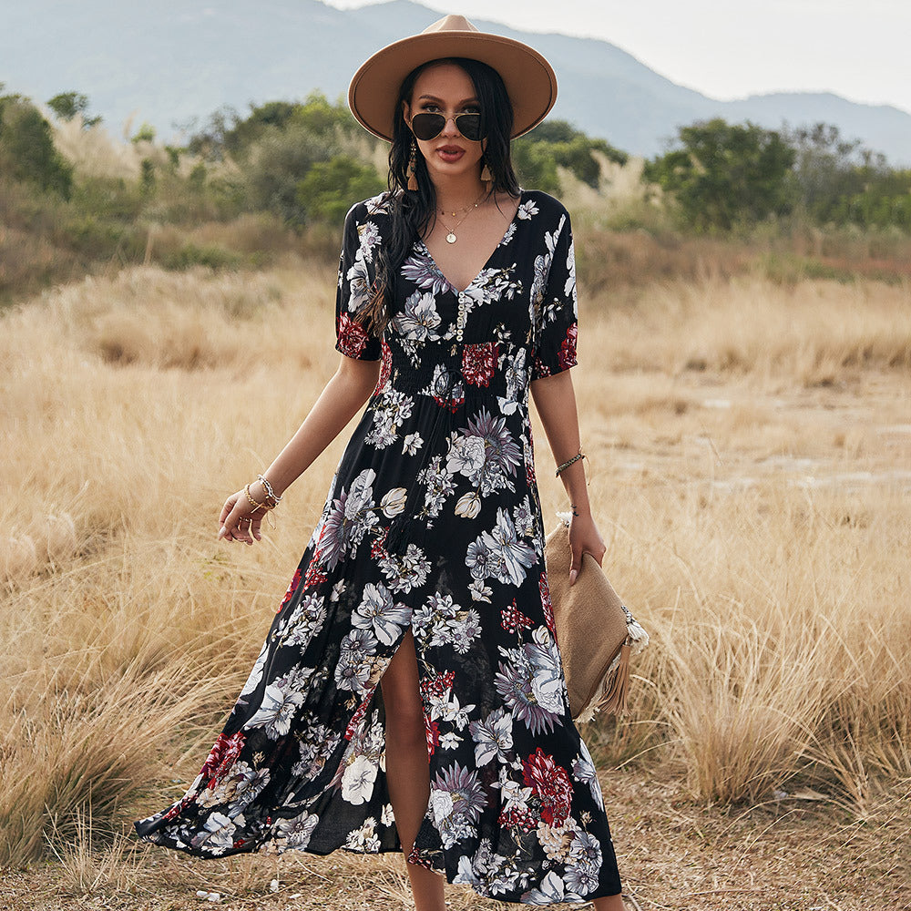 Floral Summer Beach Dress With V Neck Elastic Waist Dresses For Women - Fashionner