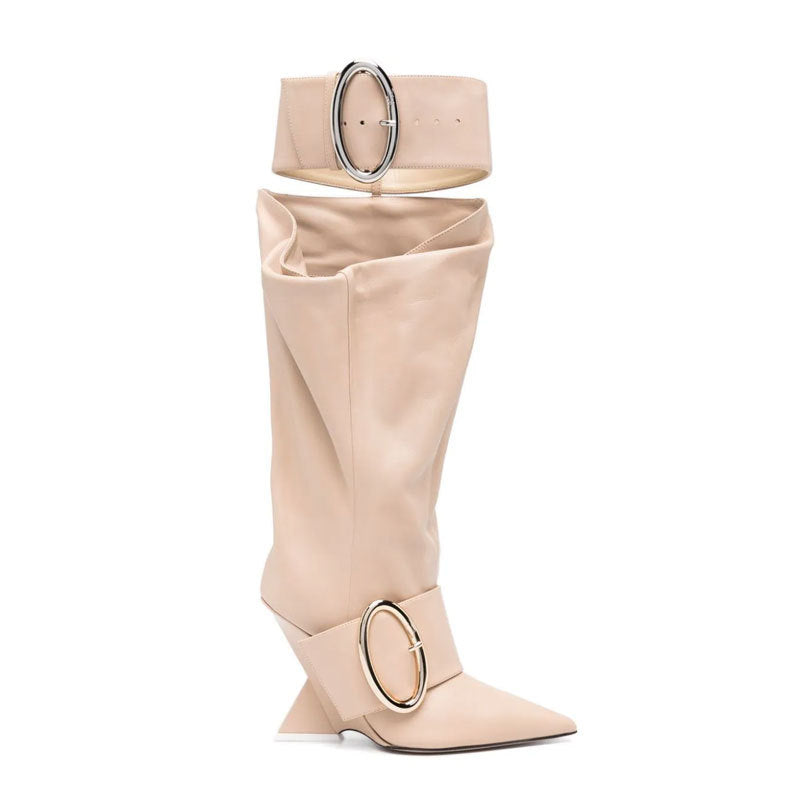 High-profile Wedge Sleeve Pointed Slip-on Strap Large Fastener Boots - Fashionner