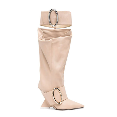 High-profile Wedge Sleeve Pointed Slip-on Strap Large Fastener Boots - Fashionner