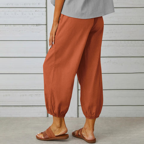 Women Drawstring Tie Pants Spring Summer Cotton And Linen Trousers With Pockets Button - Fashionner