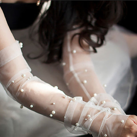 Gants de mariage en tulle et perles pour robe de mariée, coloris blanc