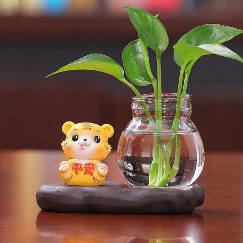 Ornement souvenir Tigre de l'Année du Tigre Vase hydroponique de bureau en verre
