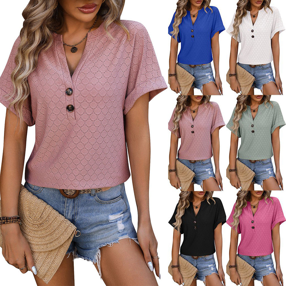 New Hollow Circle Design T-shirt V-neck Button Solid Color Short-sleeved T-shirt Tops For Womens Clothing - Fashionner