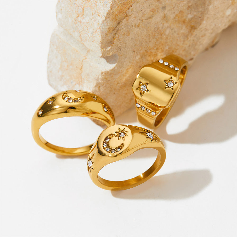 Buy Stainless Steel 18K Gold Star And Moon Ring Jewelry online at Fashionner.
