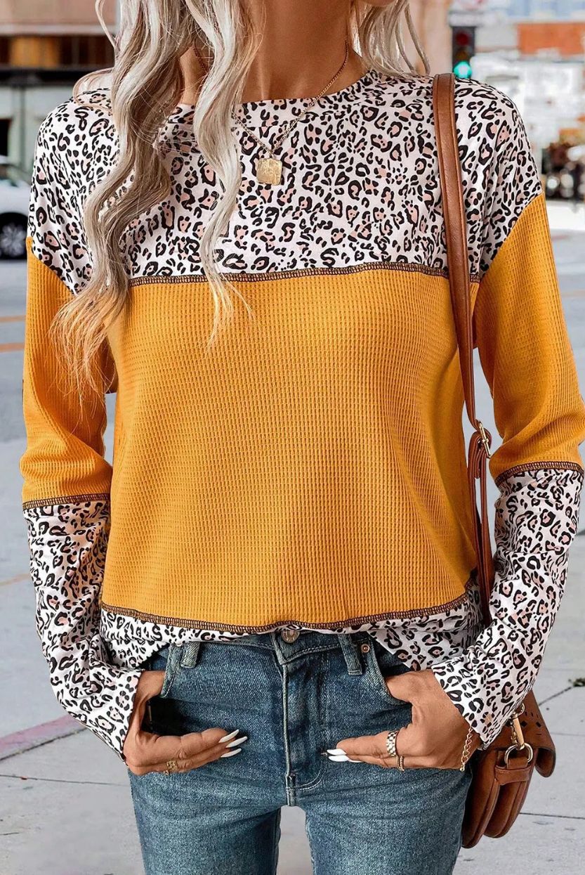 European And American Pullover Round Neck Leopard Splicing Waffle Sweater - Fashionner