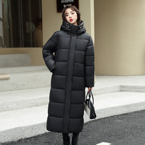 Manteau d'hiver en duvet super long pour femme, doudoune épaisse noire et rouge avec capuche, fermeture éclair, pour rester au chaud en automne et en hiver, tenue décontractée
